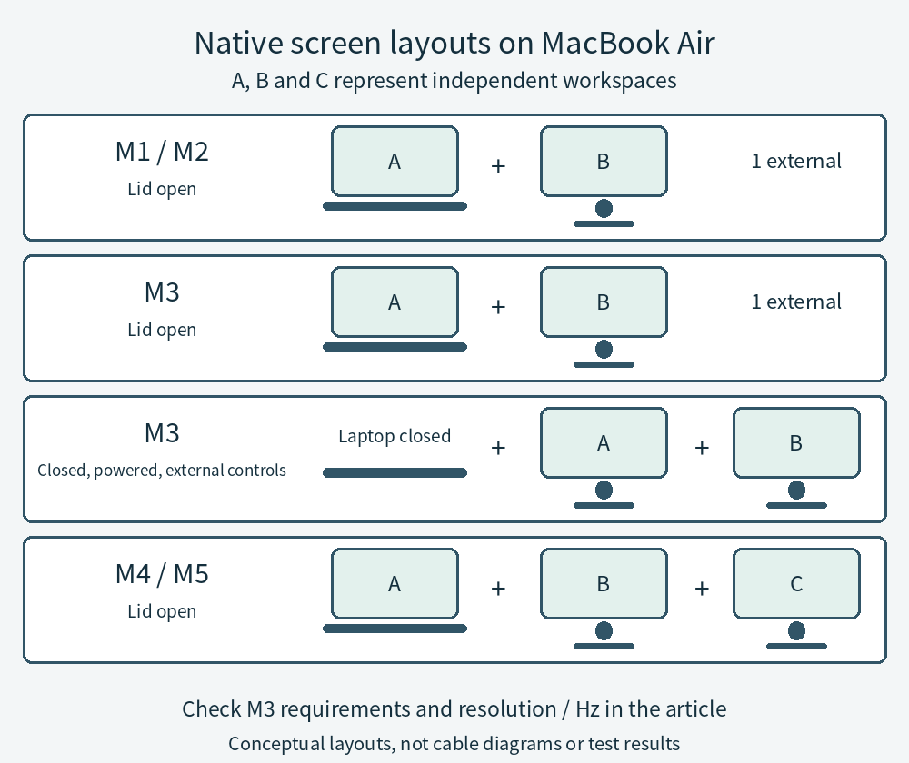 Native display layouts: M1 and M2 use the laptop screen plus one external. M3 uses that layout or two externals with the lid closed. M4 and M5 use the laptop screen plus two externals.